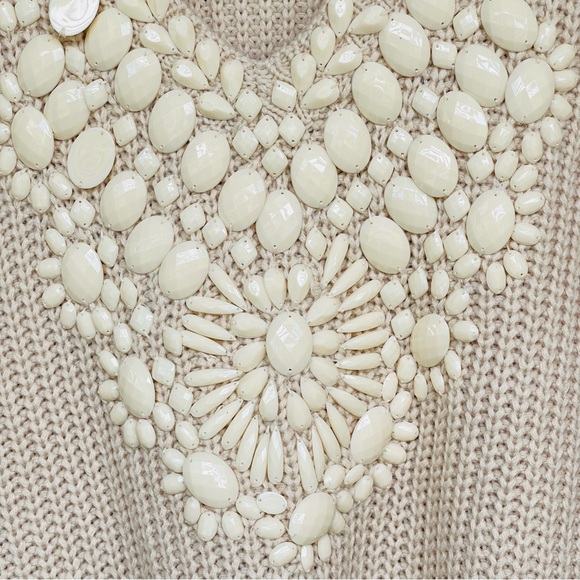 V Cristina Knit Sweater Embellished 3/4 Bell Sleeve V-Neck Beige Hi-low Hem - Picture 5 of 10